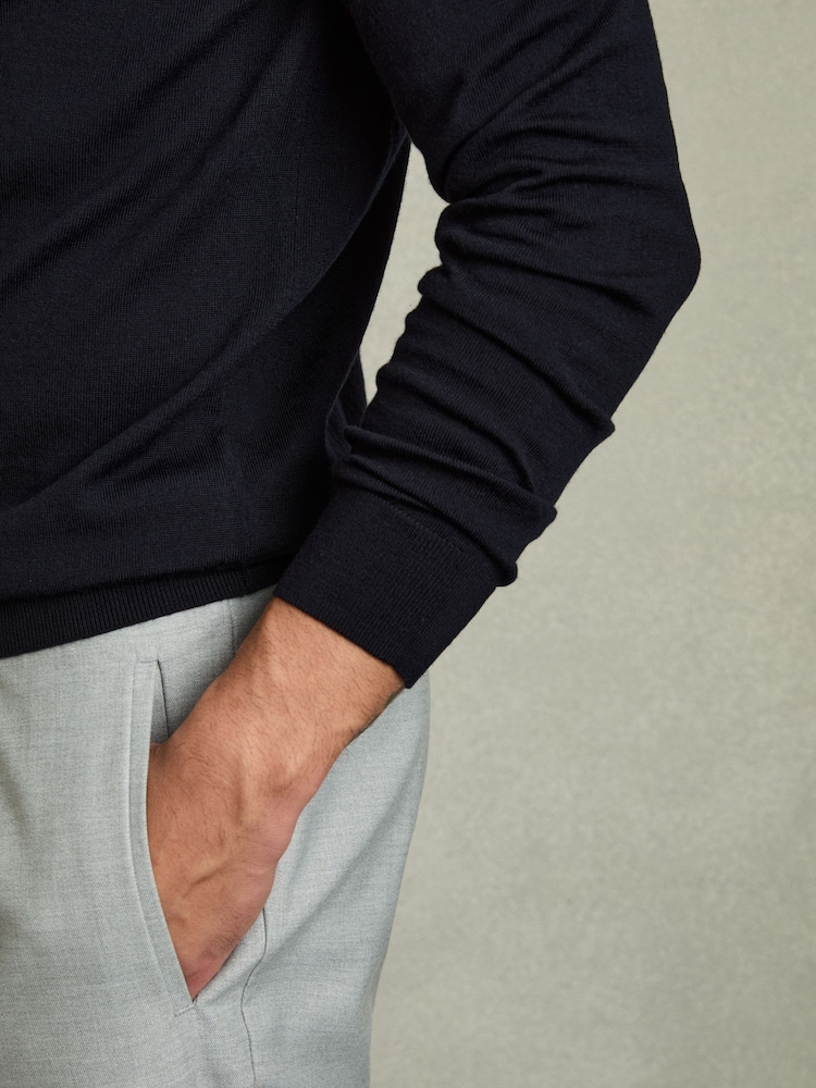 Reiss Navy Holland Merino Wool Drawstring Hoodie - Image 6 of 7