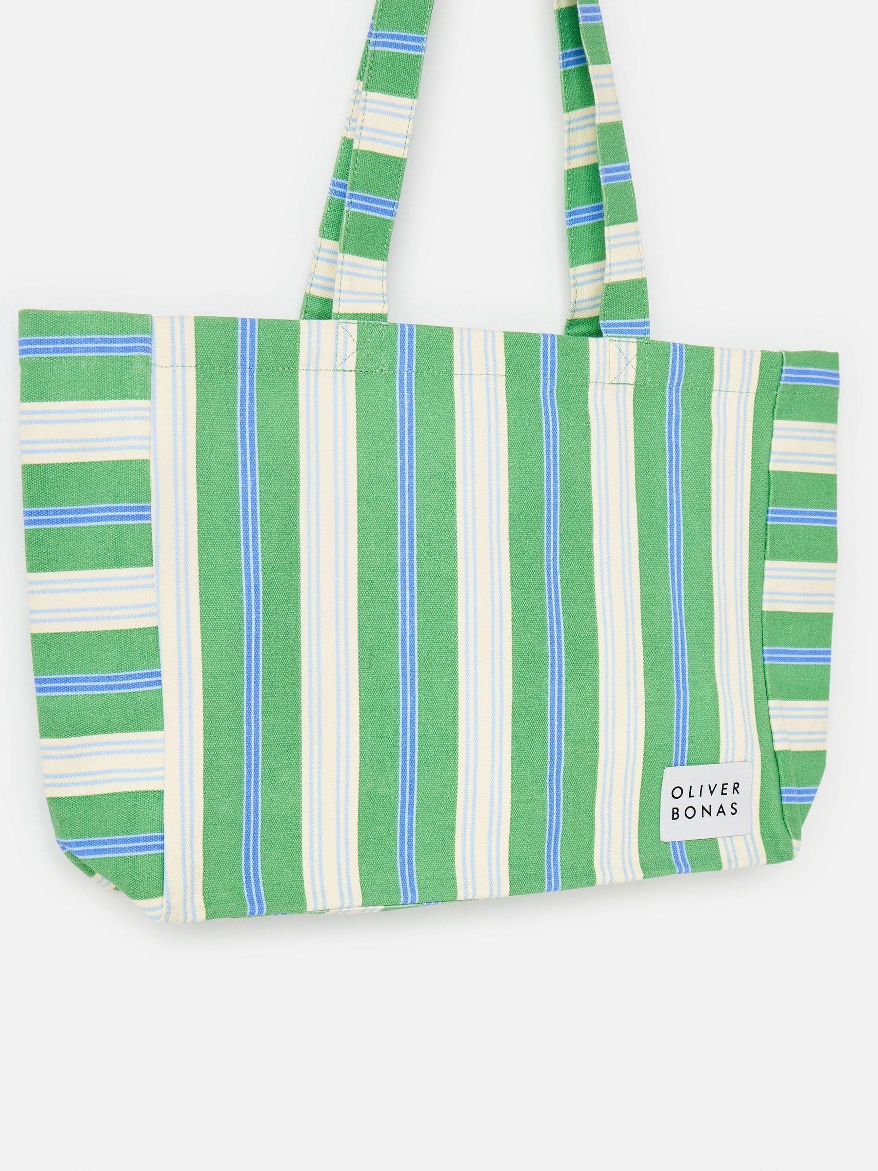 Buy Oliver Bonas Green Striped Logo Fabric Tote Shopper Bag from
