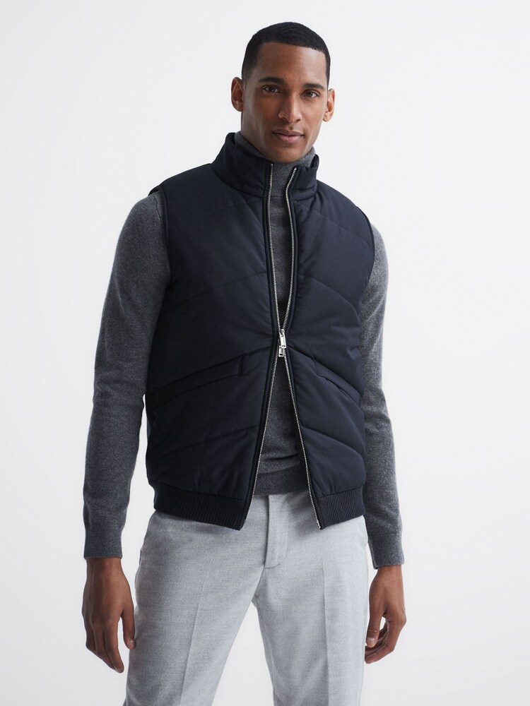 Reiss Navy Maitland Sleeveless Quilted Knitted Gilet - Image 1 of 6