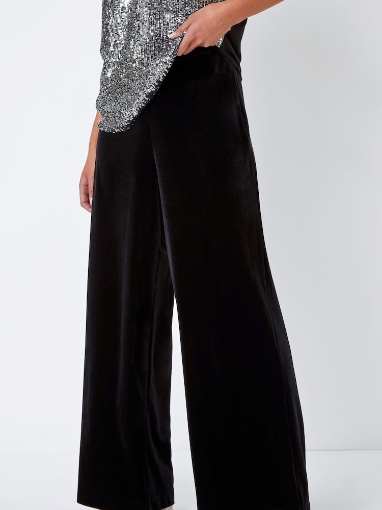 Roman Black Petite Wide Leg Velvet Stretch Trousers - Image 1 of 5