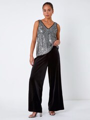 Roman Black Petite Wide Leg Velvet Stretch Trousers - Image 3 of 5