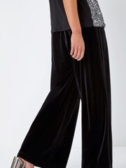 Roman Black Petite Wide Leg Velvet Stretch Trousers - Image 4 of 5