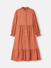 Joules Josie Burnt Orange Midi Tier Dress with Frill Neck - Image 1 of 1