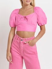 River Island Bright Pink Petite Milkmaid Top - Image 1 of 7