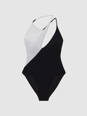 Reiss Black/White Leighton Asymmetric Colourblock Swimsuit - Image 5 of 5