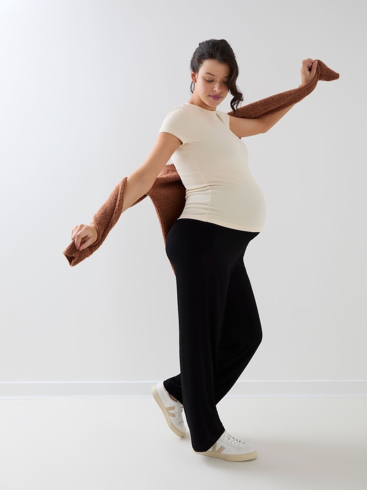 Jojo Maman Bébé Black Maternity Jersey Fold Over Waist Trousers - Image 1 of 6 Jojo Maman Bébé Black Maternity Jersey Fold Over Waist Trousers - Image 1 of 6