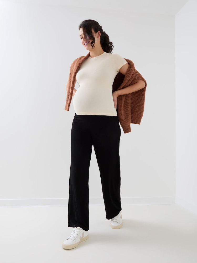 Jojo Maman Bébé Black Maternity Jersey Fold Over Waist Trousers - Image 2 of 6 Jojo Maman Bébé Black Maternity Jersey Fold Over Waist Trousers - Image 2 of 6