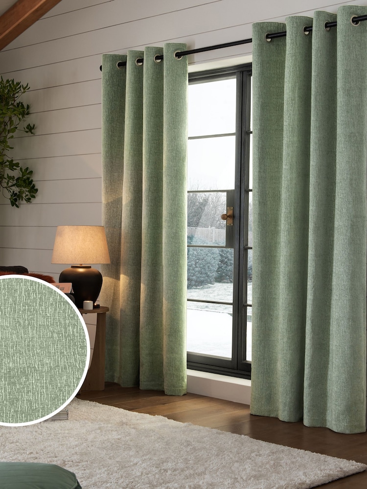Green Sage Heavyweight Chenille Eyelet Super Thermal Curtains - Image 1 of 7
