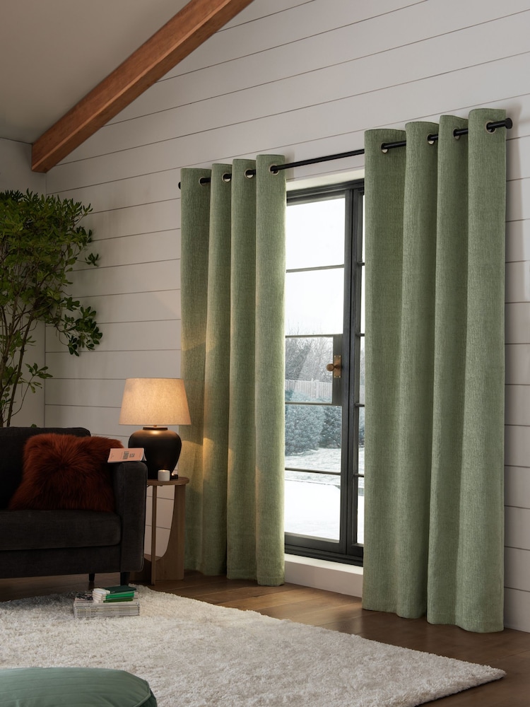 Green Sage Heavyweight Chenille Eyelet Super Thermal Curtains - Image 2 of 7