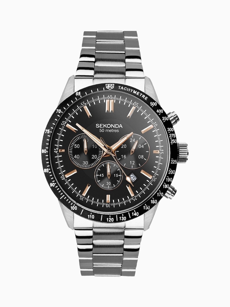 Sekonda Mens Stainless Steel Bracelet Black Chronograph Watch - Image 2 of 7
