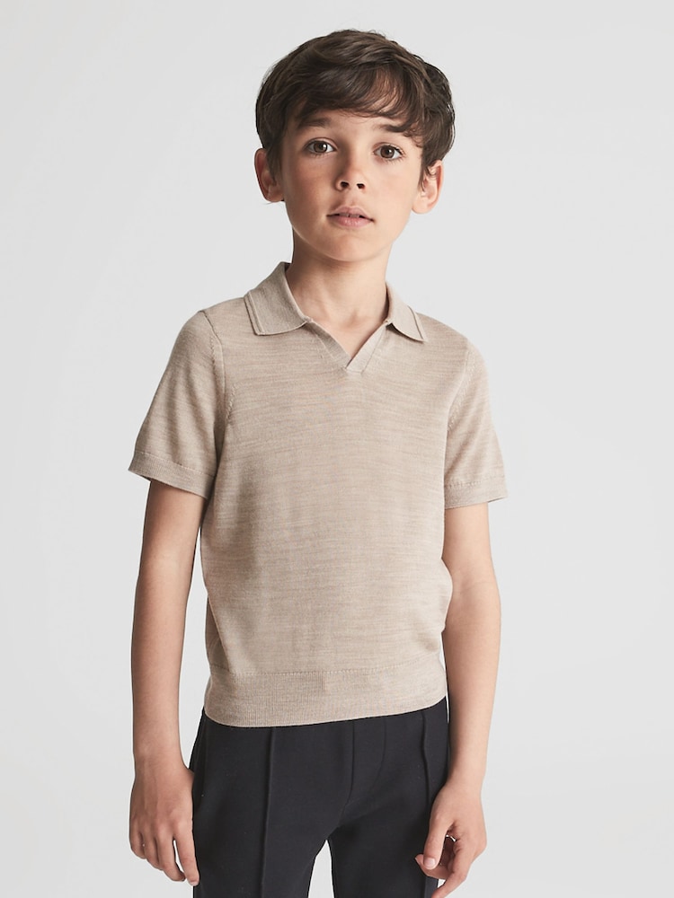 Reiss Wheat Melange Duchie Junior Merino Wool Open Collar Polo Shirt - Image 1 of 7