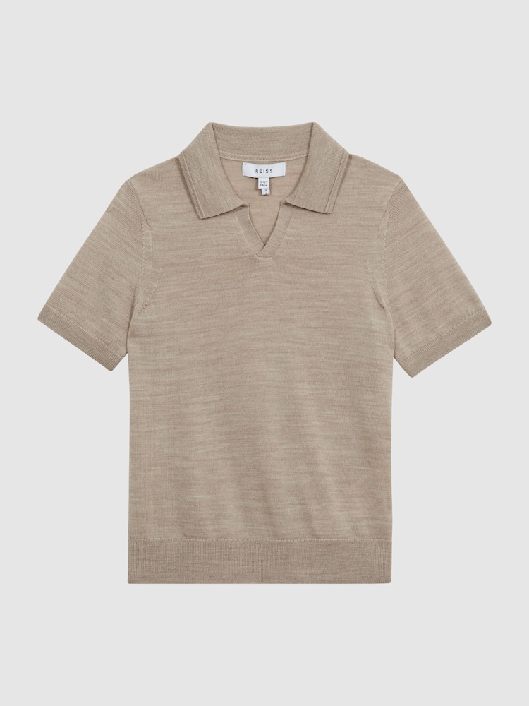 Reiss Wheat Melange Duchie Junior Merino Wool Open Collar Polo Shirt - Image 2 of 7