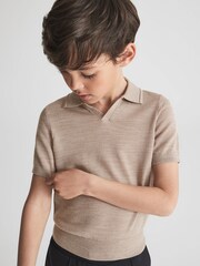 Reiss Wheat Melange Duchie Junior Merino Wool Open Collar Polo Shirt - Image 4 of 7