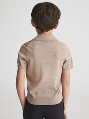 Reiss Wheat Melange Duchie Junior Merino Wool Open Collar Polo Shirt - Image 5 of 7