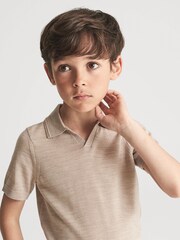 Reiss Wheat Melange Duchie Junior Merino Wool Open Collar Polo Shirt - Image 6 of 7