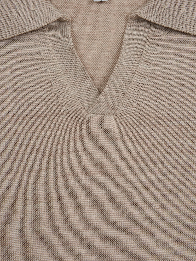 Reiss Wheat Melange Duchie Junior Merino Wool Open Collar Polo Shirt - Image 7 of 7