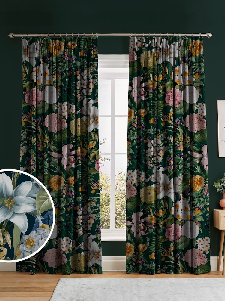 Graham & Brown Midnight Black Glasshouse Flora Made to Measure 100% Cotton Curtains - Image 1 of 8
