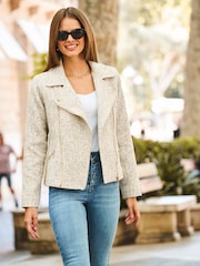 Sosandar Natural Boucle Biker Jacket With Gold Zip Detail - Image 3 of 5
