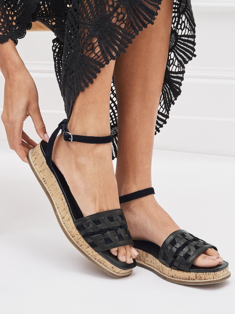 Black Regular/Wide Fit Forever Comfort® Leather Platform Sandals with Woven Detail - Image 1 of 1