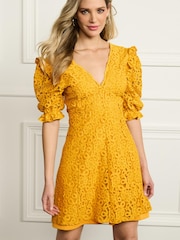 Ochre Yellow V-Neck Short Puff Sleeve Lace Mini Dress - Image 1 of 5