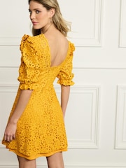 Ochre Yellow V-Neck Short Puff Sleeve Lace Mini Dress - Image 3 of 5