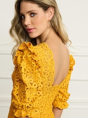 Ochre Yellow V-Neck Short Puff Sleeve Lace Mini Dress - Image 4 of 5