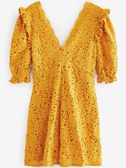 Ochre Yellow V-Neck Short Puff Sleeve Lace Mini Dress - Image 5 of 5