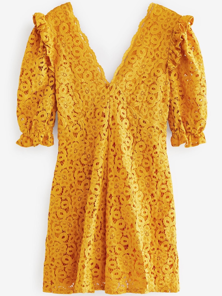 Ochre Yellow V-Neck Short Puff Sleeve Lace Mini Dress - Image 5 of 5