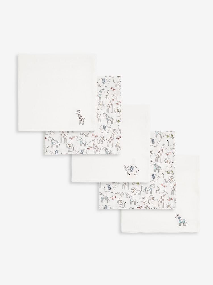 JoJo Maman Bébé White 5-Pack Delicate Safari Embroidered Muslins - Image 2 of 2