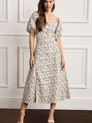 White/Lemon Yellow Puff Sleeve Cotton Embroidered Midi Dress - Image 2 of 5