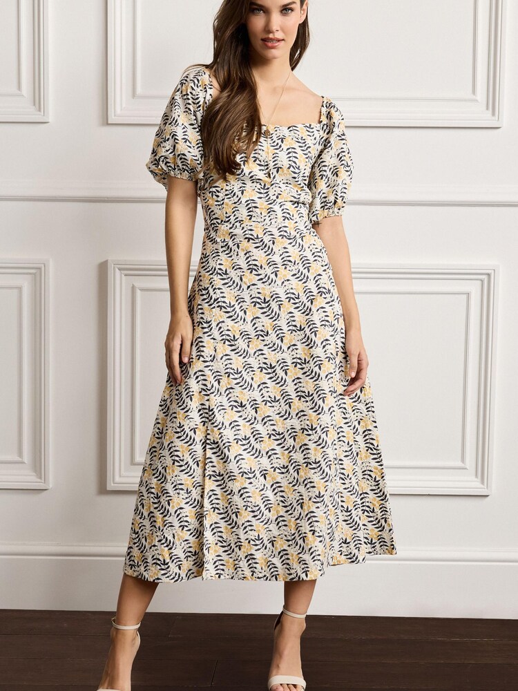 White/Lemon Yellow Puff Sleeve Cotton Embroidered Midi Dress - Image 2 of 5
