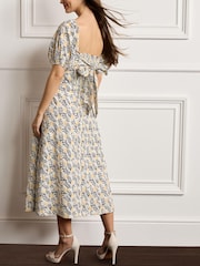 White/Lemon Yellow Puff Sleeve Cotton Embroidered Midi Dress - Image 3 of 5