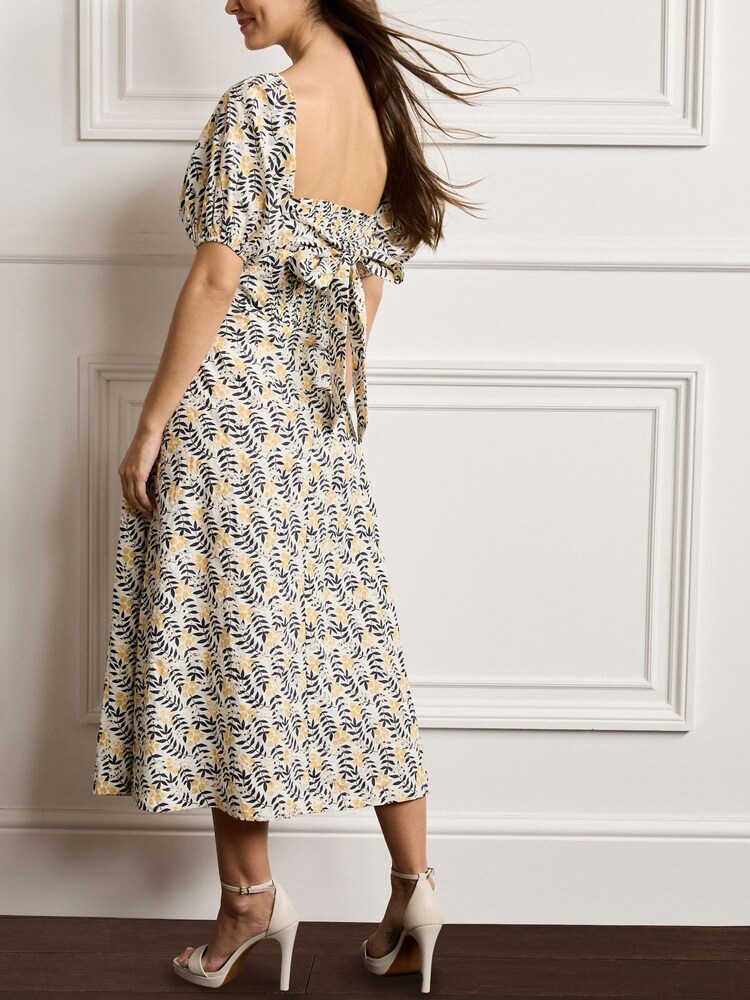 White/Lemon Yellow Puff Sleeve Cotton Embroidered Midi Dress - Image 3 of 5