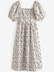 White/Lemon Yellow Puff Sleeve Cotton Embroidered Midi Dress - Image 5 of 5