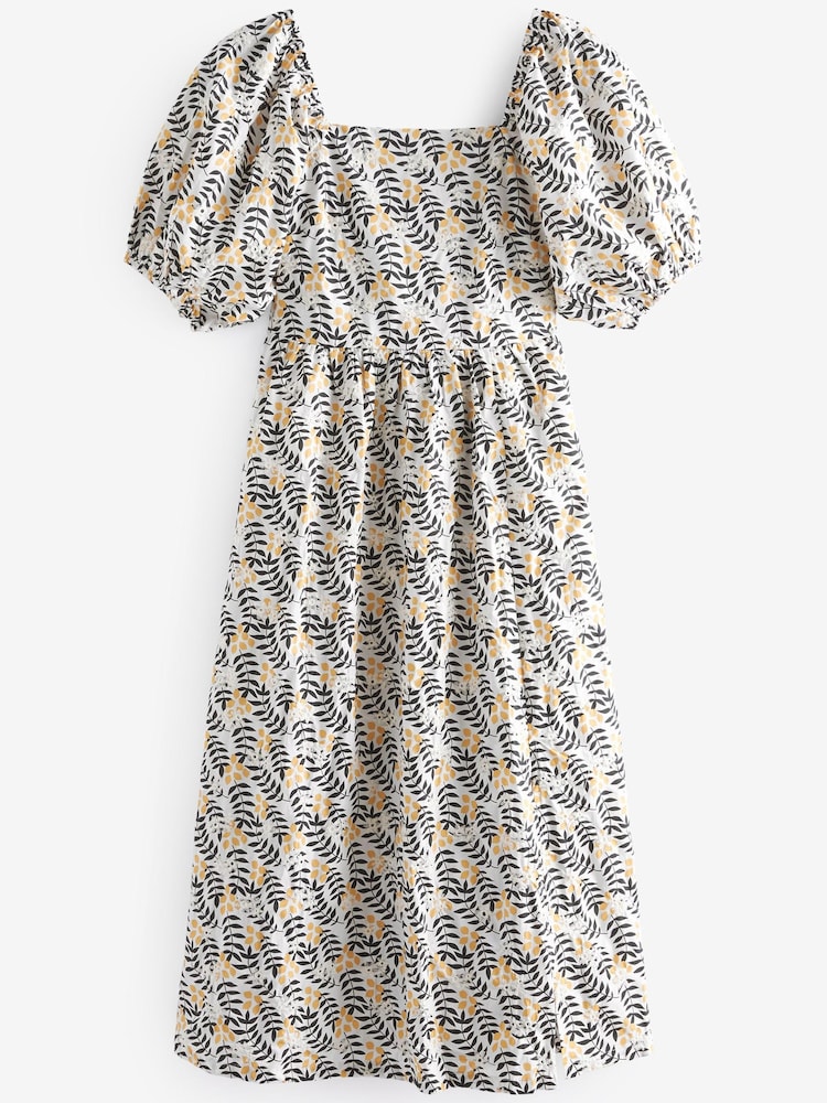 White/Lemon Yellow Puff Sleeve Cotton Embroidered Midi Dress - Image 5 of 5