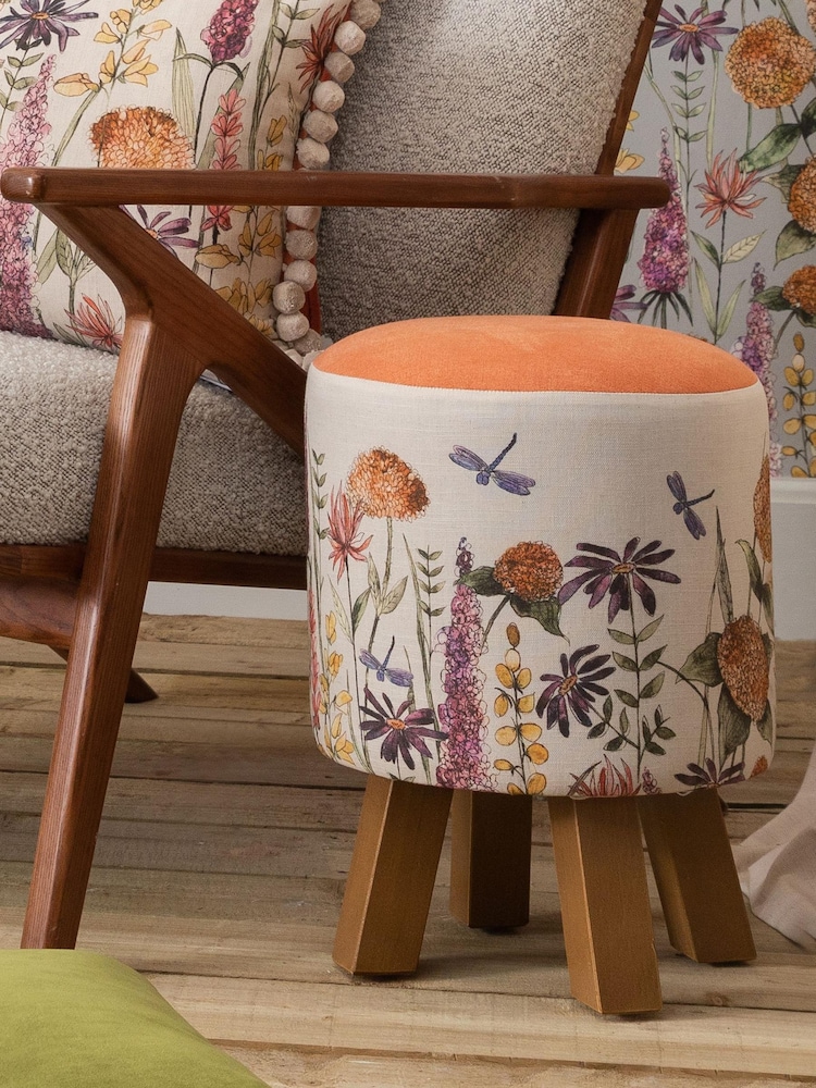 Voyage Cream Monty Florabunda Russet Linen Footstool - Image 1 of 3 Voyage Cream Monty Florabunda Russet Linen Footstool - Image 1 of 3