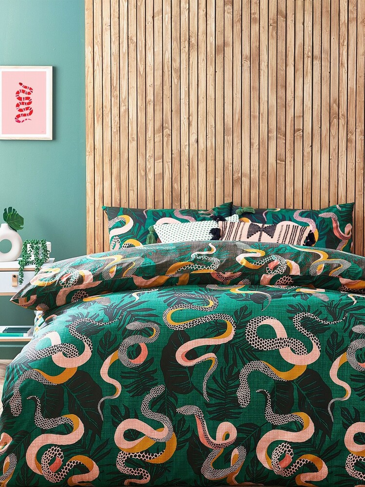 furn. Green Serpentine Tropical Reversible Duvet Cover and Pillowcase Set - Image 1 of 3
