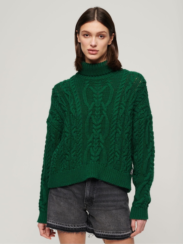 Zielony - Superdry Vintage High Neck Cable Knit Jumper - Image 1 of 6