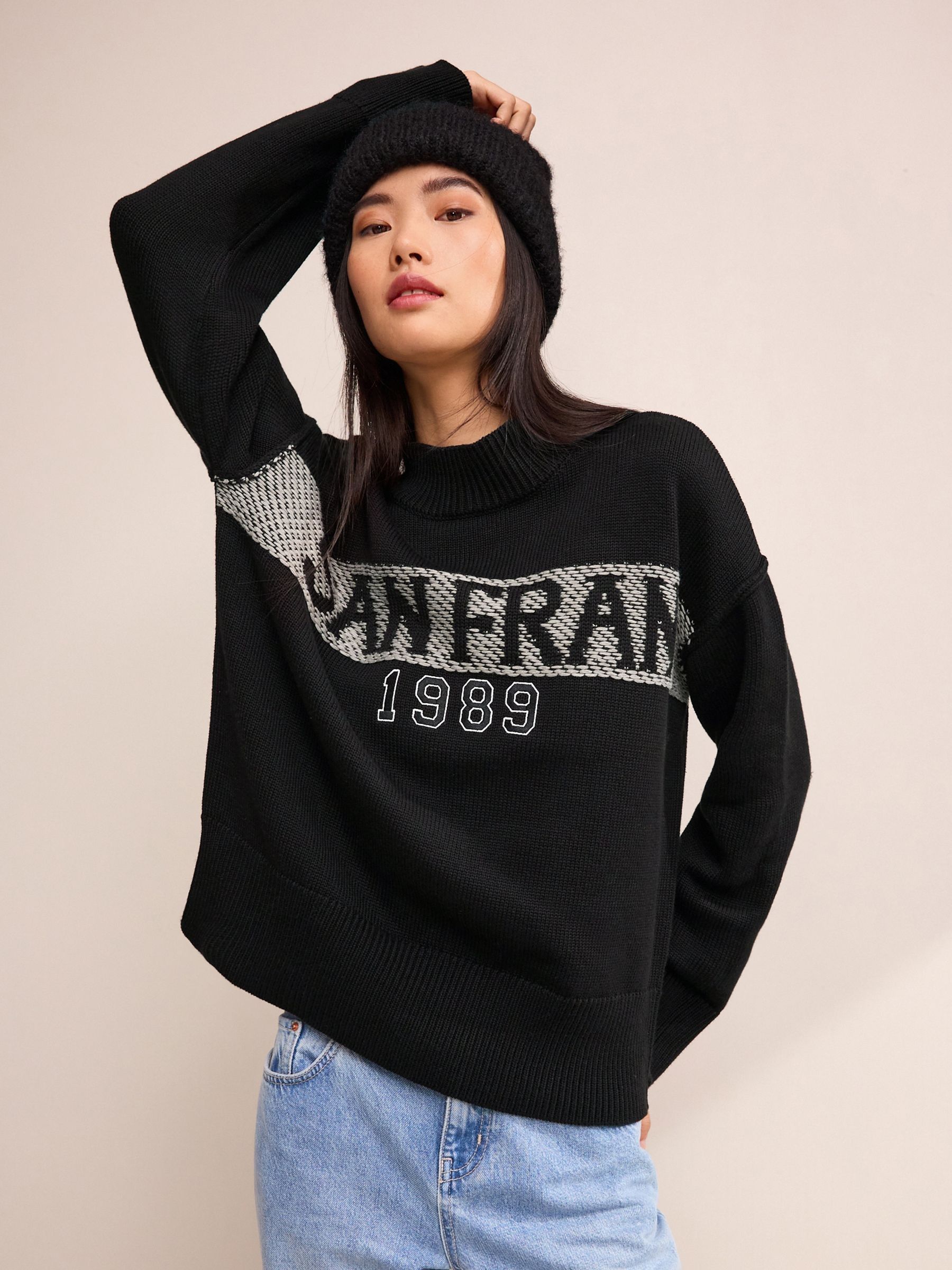 Buy Black Embroidered Slogan Crew Neck Jumper from Next Oman