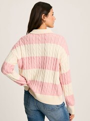 Joules Love All Pink Cable Knit Jumper with Button Collar - Image 2 of 7