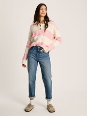 Joules Love All Pink Cable Knit Jumper with Button Collar - Image 3 of 7