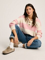 Joules Love All Pink Cable Knit Jumper with Button Collar - Image 4 of 7