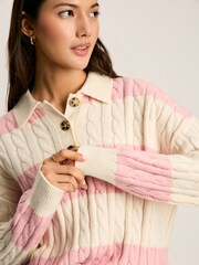 Joules Love All Pink Cable Knit Jumper with Button Collar - Image 6 of 7