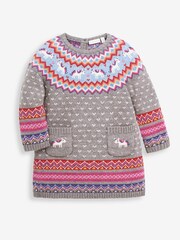 JoJo Maman Bébé Marl Grey Unicorn Fairisle Pattern Knitted Dress - Image 1 of 2