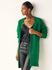 Grün - Lang geschnittene, offene, gerippte Strickjacke - Bild 1 von 7