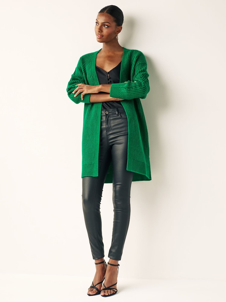 Grün - Lang geschnittene, offene, gerippte Strickjacke - Bild 2 von 7