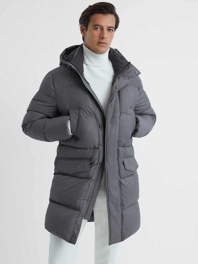 Reiss Grey Billings Quilted Hooded Coat - Image 1 of 7