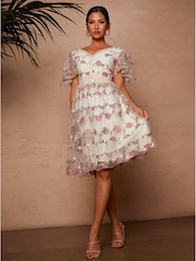 Chi Chi London White V-Neck Floral Lace Midi Dress - Image 1 of 5