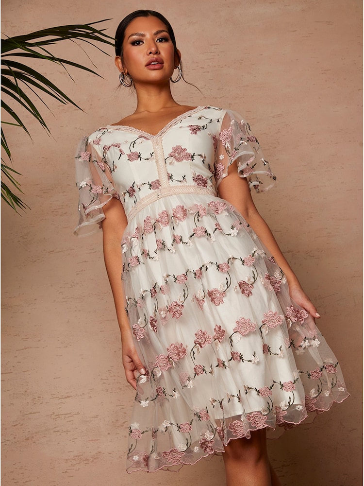 Buy Chi Chi London White V-Neck Floral Lace Midi Dress from Next Oman