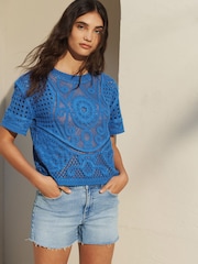 Bright Blue 100% Cotton Short Sleeve Crochet Crew Neck T-Shirt - Image 1 of 6